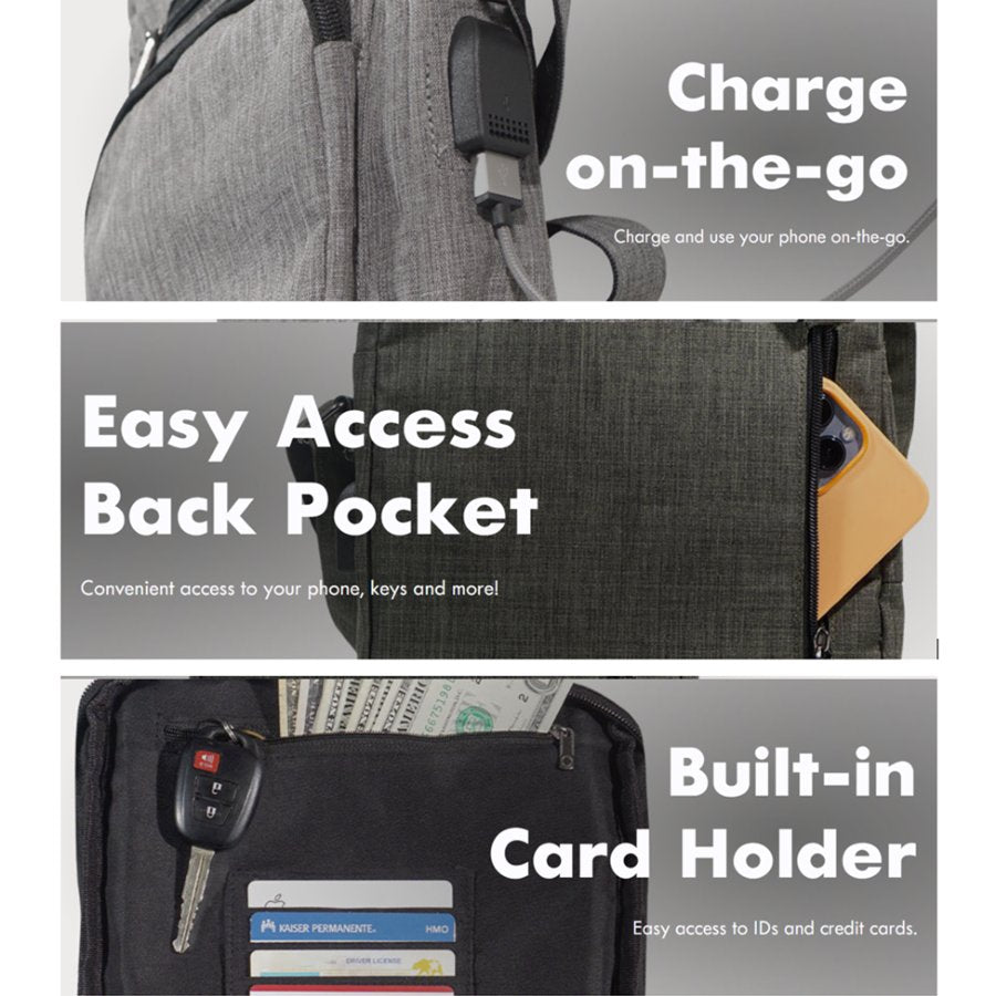 Backpack with features highlighted: 'Charge on-the-go', 'Easy Access Back Pocket', and 'Built-in Card Holder'.