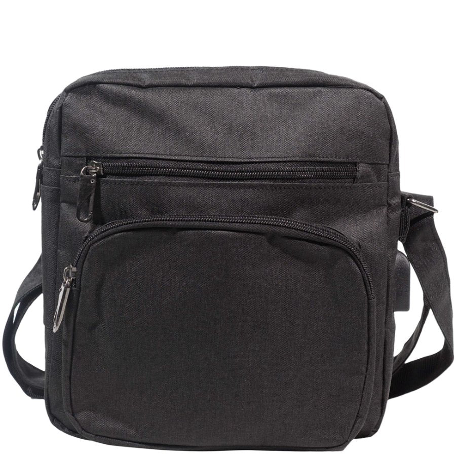 Black backpack with multiple zippers on a white background