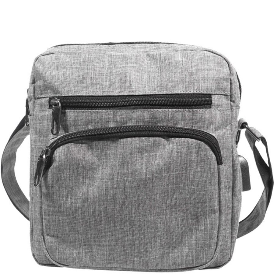 Gray crossbody bag with black zippers on a white background