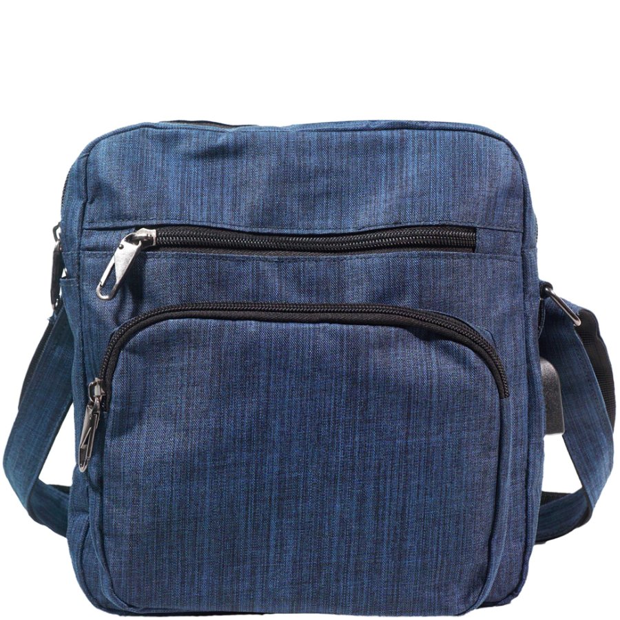 Blue denim-style bag with zippers on a white background