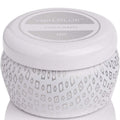 Capri Blue candle with patterned design and 'Volcano' label on a white background