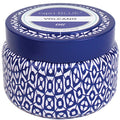 Capri Blue Volcano candle in a decorative blue and white patterned container