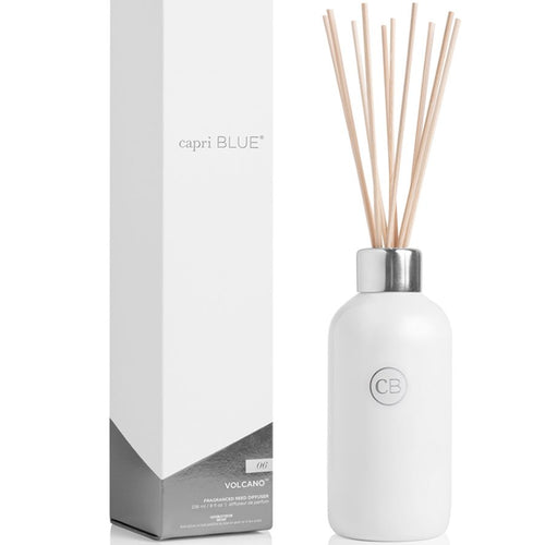 White diffuser bottle with wooden sticks and 'capri BLUE' packaging on a white background