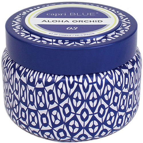 Capri Blue Aloha Orchid candle with blue and white patterned design