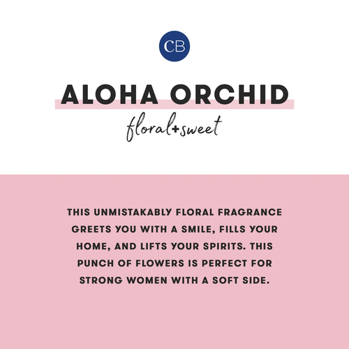 Product description card for 'Aloha Orchid' fragrance with brand logo and text on a pink background.