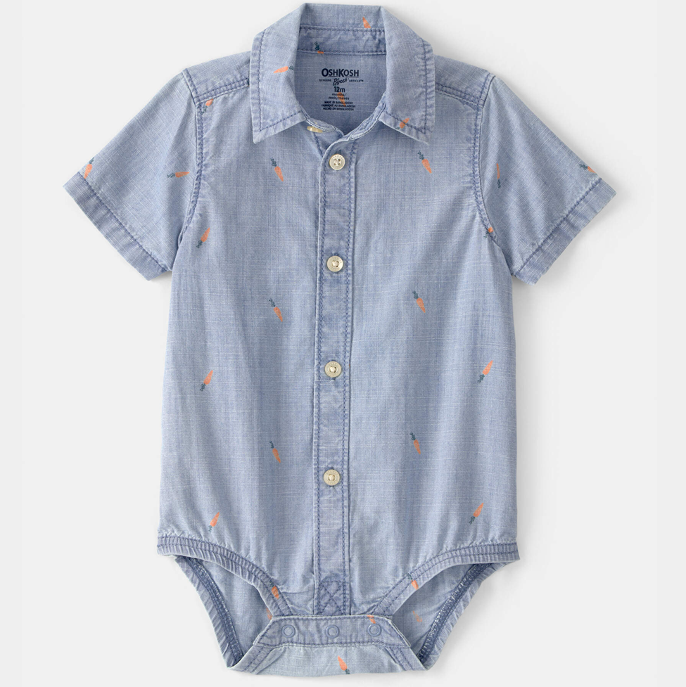 Blue denim-style baby onesie with button details on a white background