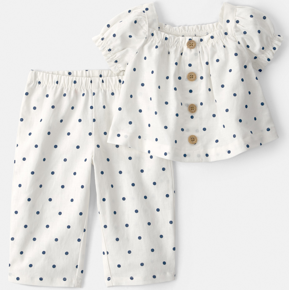 White blouse with blue polka dots and matching pants on a light gray background