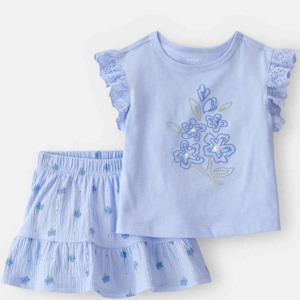 Light blue children's outfit with floral design on a white background