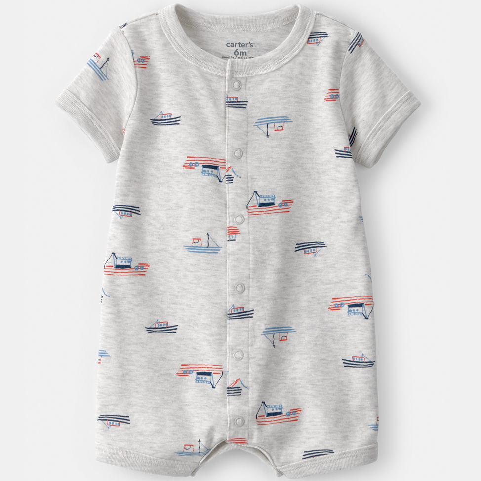 Baby romper with boat pattern on a white background