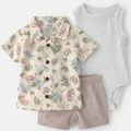 Children's outfit with patterned shirt, shorts, and gray tank top on a white background