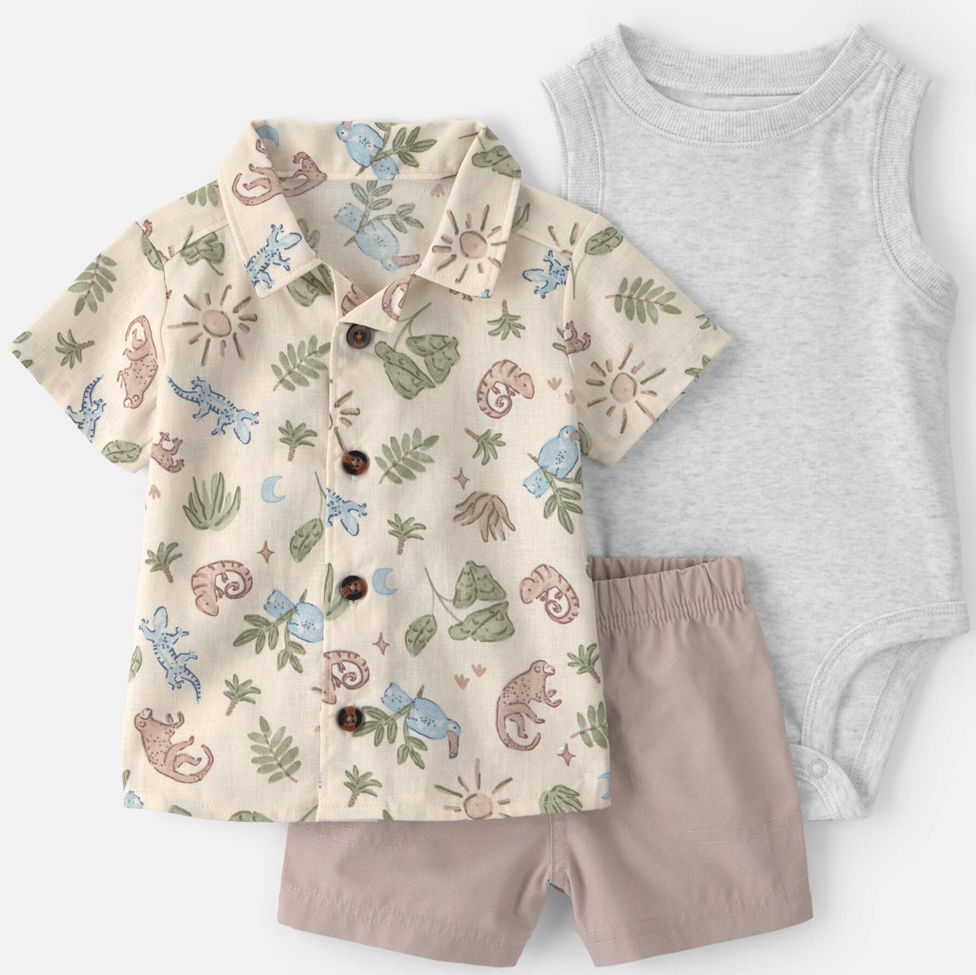 Children's outfit with patterned shirt, shorts, and gray tank top on a white background