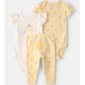 Set of baby romper, onesie, and pants with lemon print on a light gray background