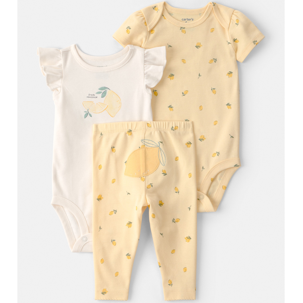 Set of baby romper, onesie, and pants with lemon print on a light gray background