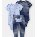 Set of baby clothing including a blue onesie with animal prints and navy striped pants on a white background.