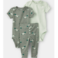 Set of baby clothing with green and gray patterns on a white background