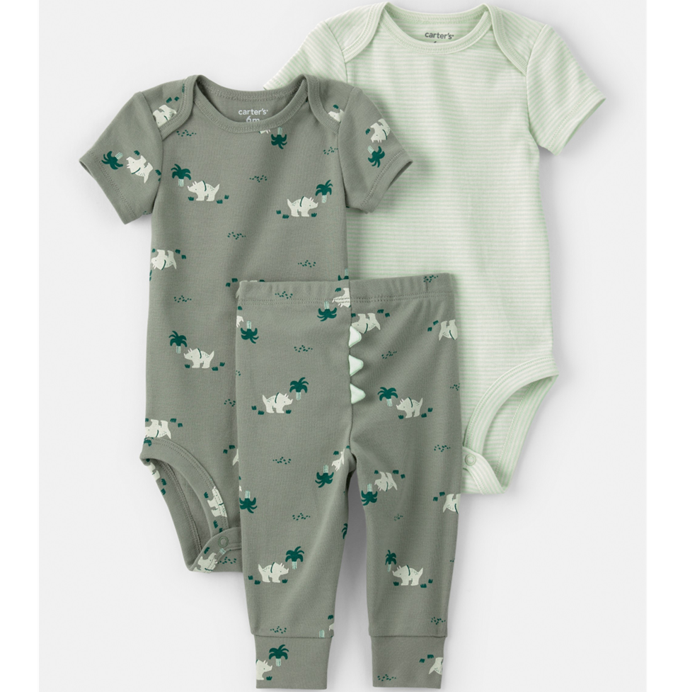 Set of baby clothing with green and gray patterns on a white background