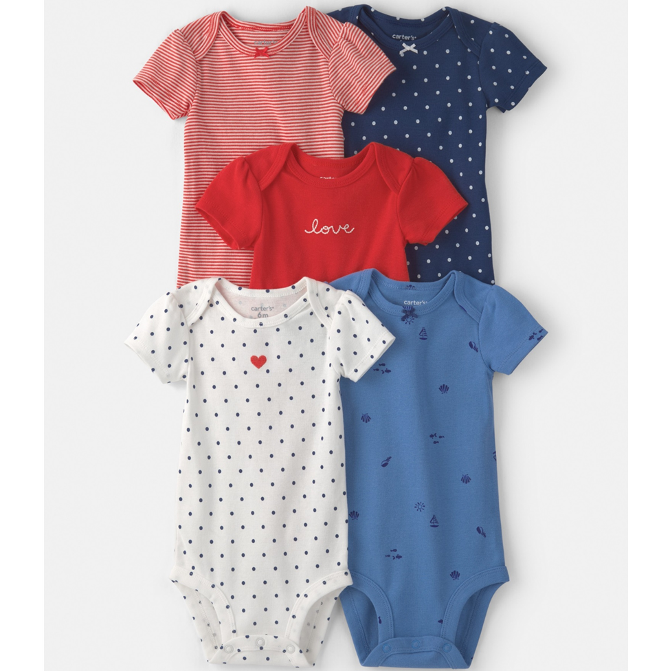 Set of colorful baby bodysuits on a white background