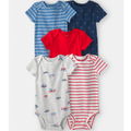 Five baby bodysuits in blue, red, gray, and red and white stripes on a light gray background.