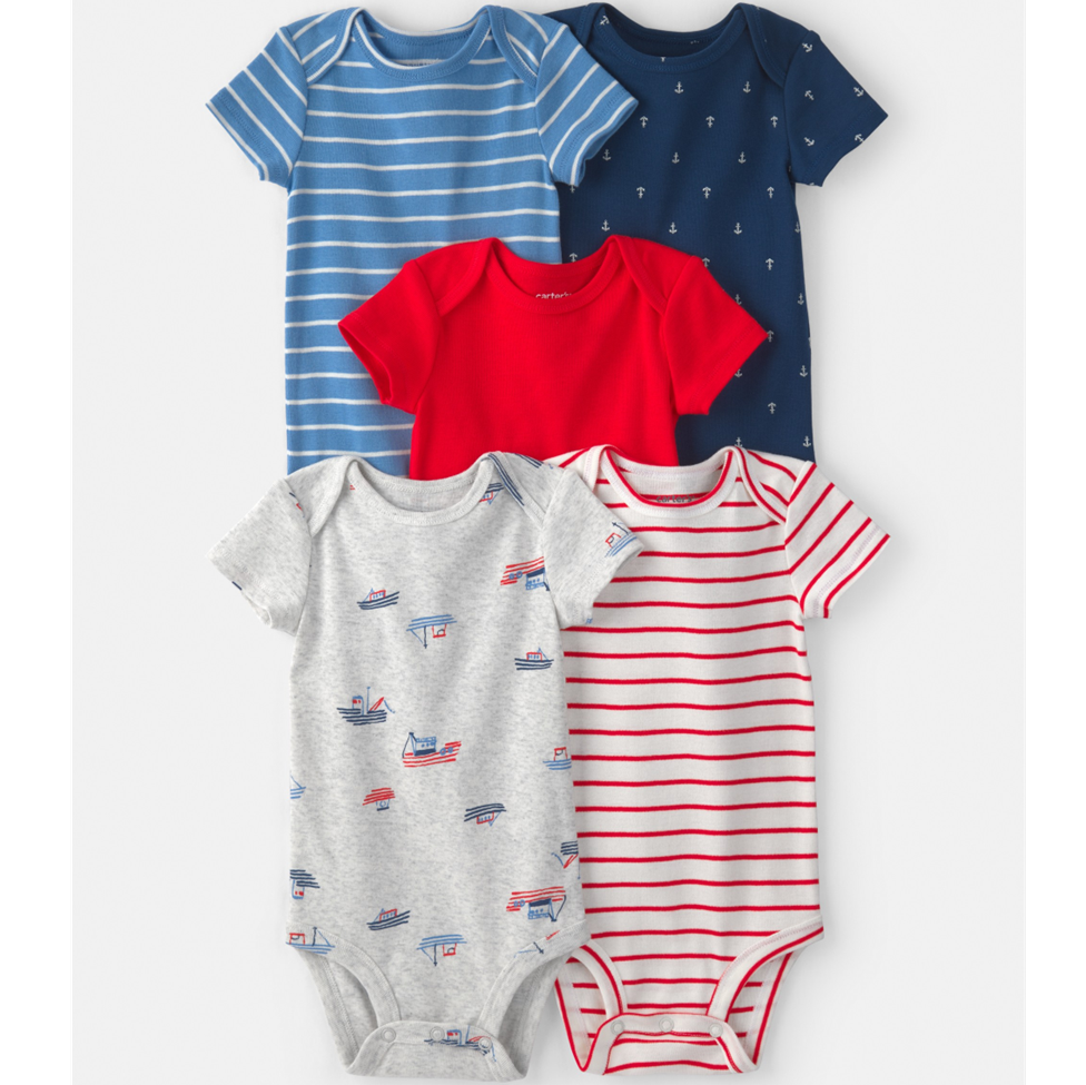 Five baby bodysuits in blue, red, gray, and red and white stripes on a light gray background.