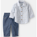 Children's outfit with plaid shirt and blue pants on a white background