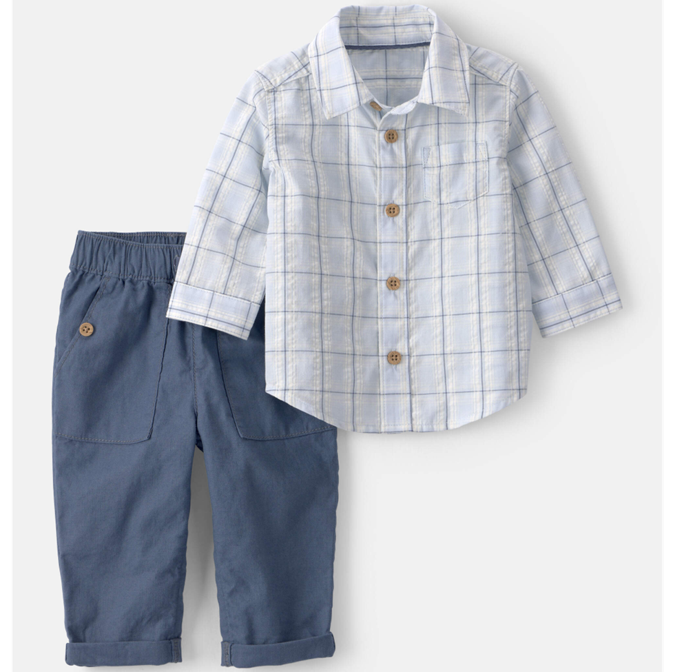 Children's outfit with plaid shirt and blue pants on a white background