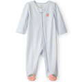 Baby onesie with blue checkered pattern and peach design on a white background