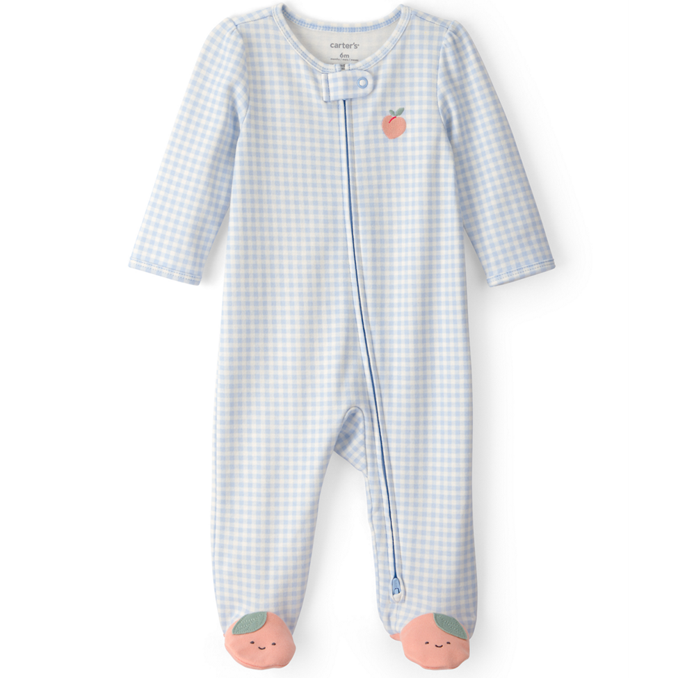 Baby onesie with blue checkered pattern and peach design on a white background