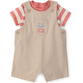 Beige baby romper with red and white striped shirt on a white background