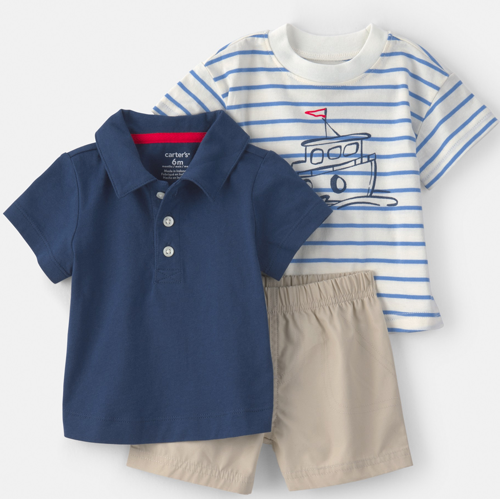 Children's clothing set with navy polo shirt, striped long-sleeve shirt, and beige shorts on a white background.
