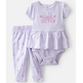 Lavender baby outfit with 'little sister' text on a white background