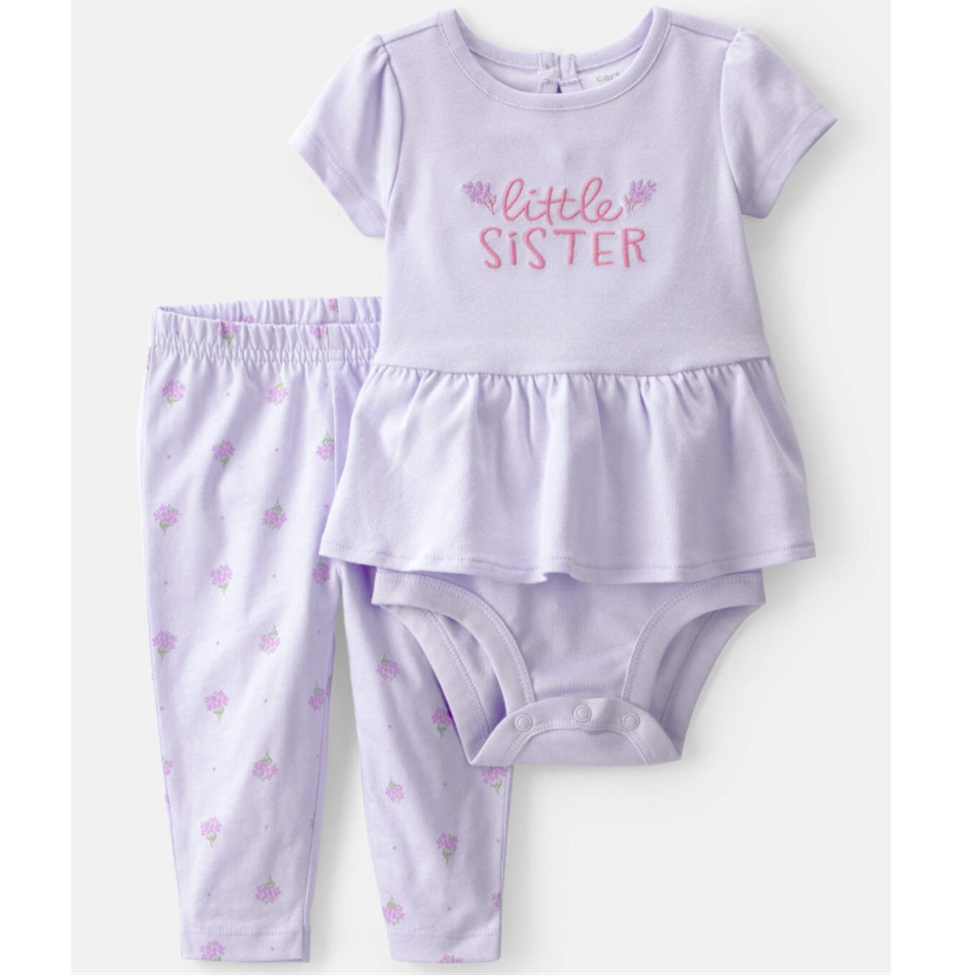 Lavender baby outfit with 'little sister' text on a white background