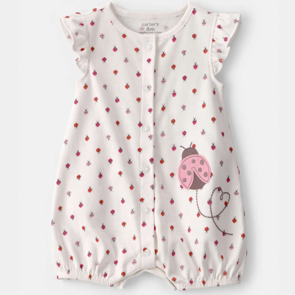 Baby romper with ladybug pattern on a white background