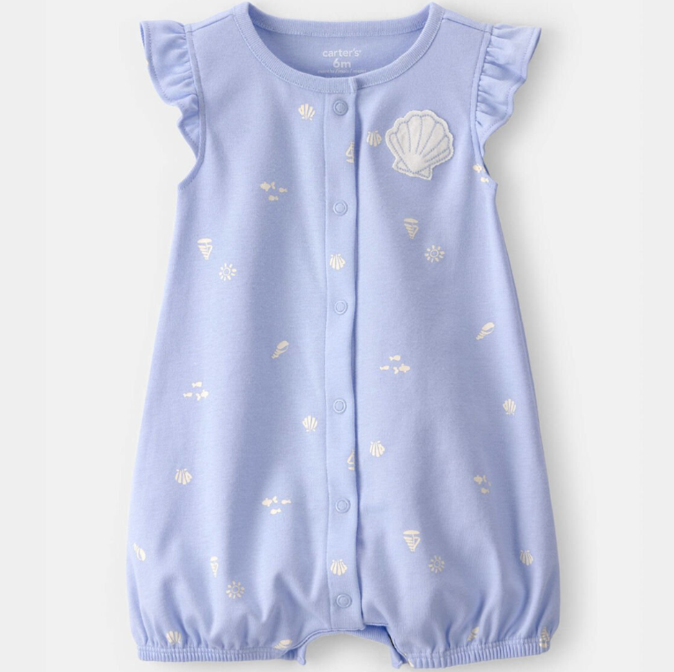 Light blue baby romper with shell pattern on a white background