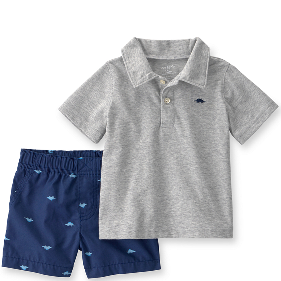 Gray polo shirt and navy shorts with fish pattern on a white background
