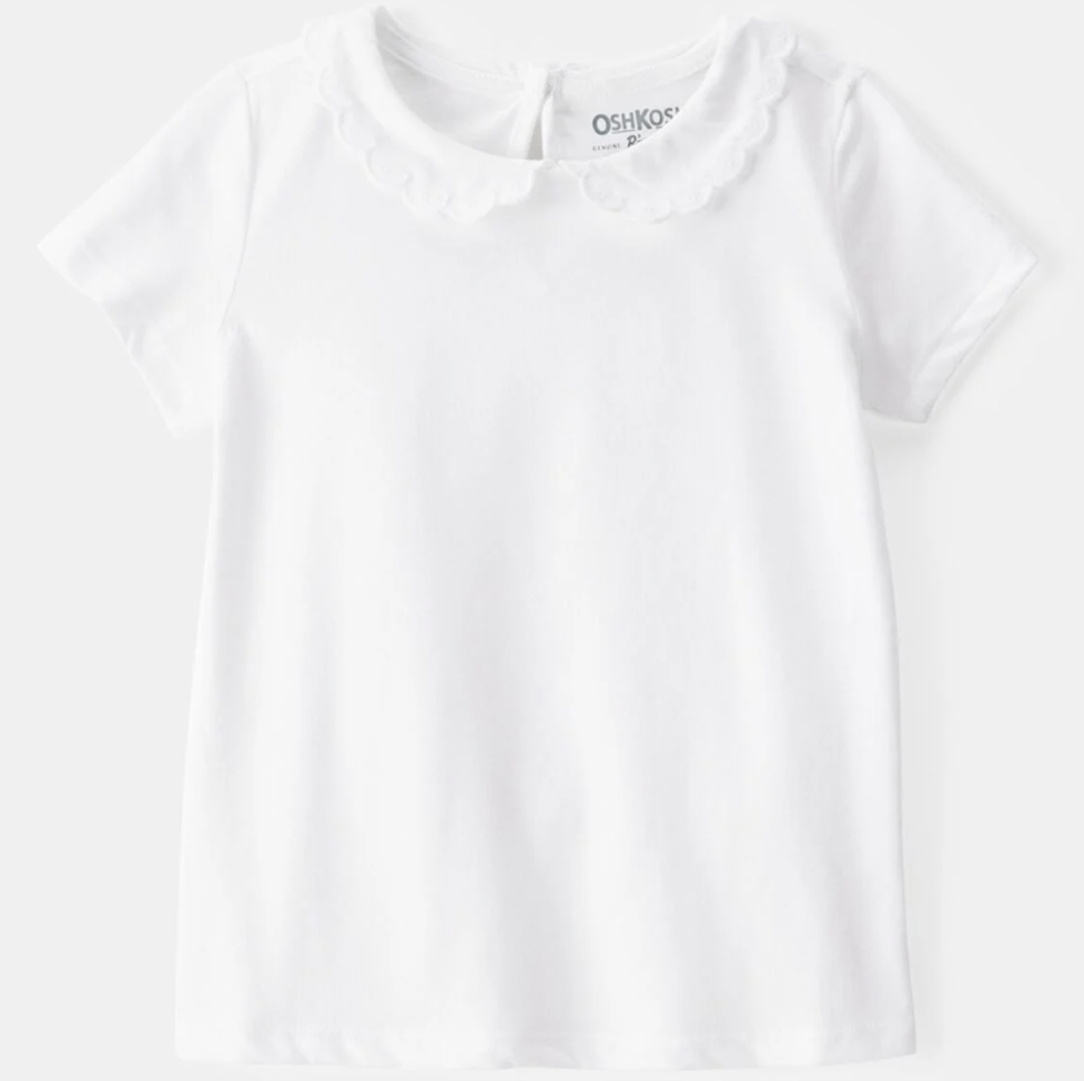 White long-sleeve shirt with 'OshKosh' branding on a white background