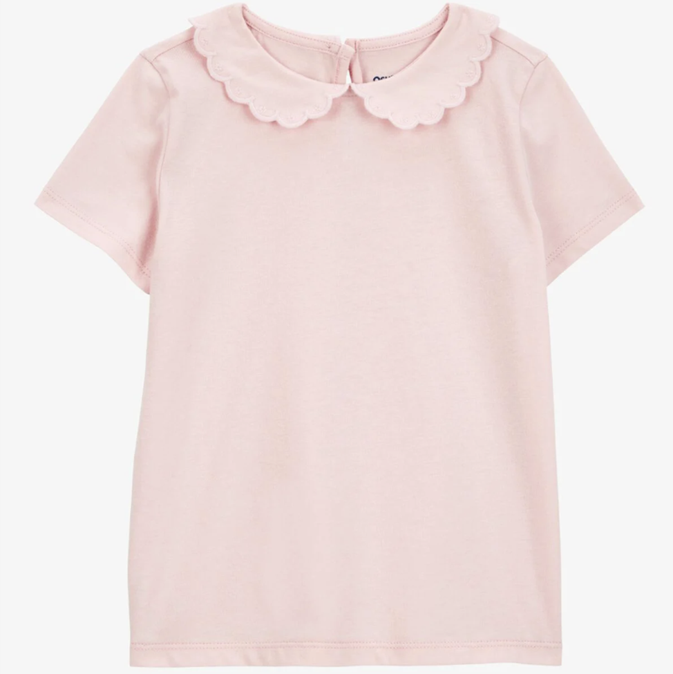 Pink blouse with a scalloped collar on a white background