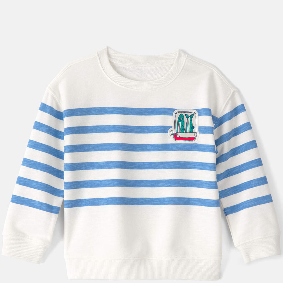 White long-sleeve shirt with blue stripes featuring a colorful graphic on a white background
