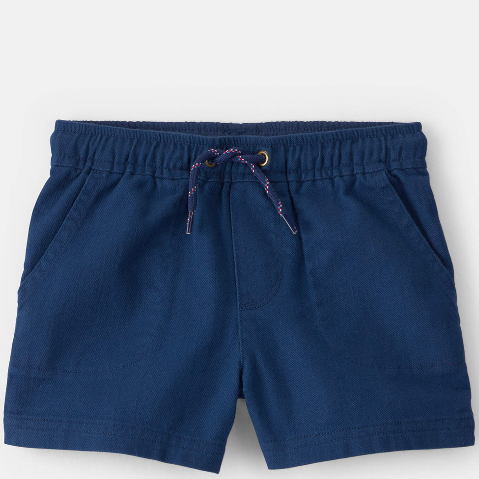 Blue shorts with a drawstring on a white background