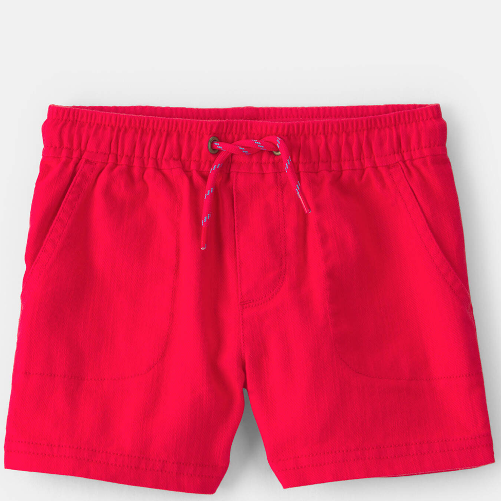 Red shorts with a drawstring on a light gray background