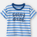 Blue and white striped t-shirt with 'Salty daze' text on a white background
