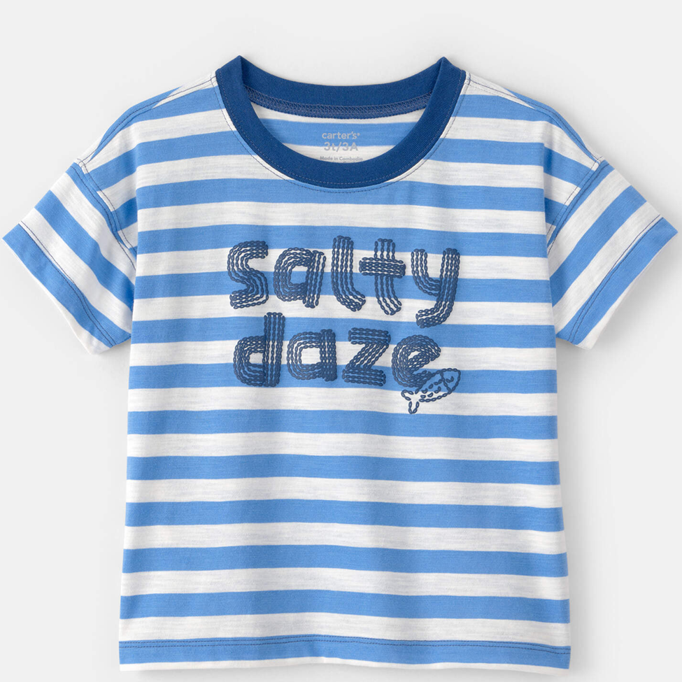Blue and white striped t-shirt with 'Salty daze' text on a white background