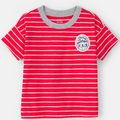 Red and white striped t-shirt with gray neckline on a light gray background
