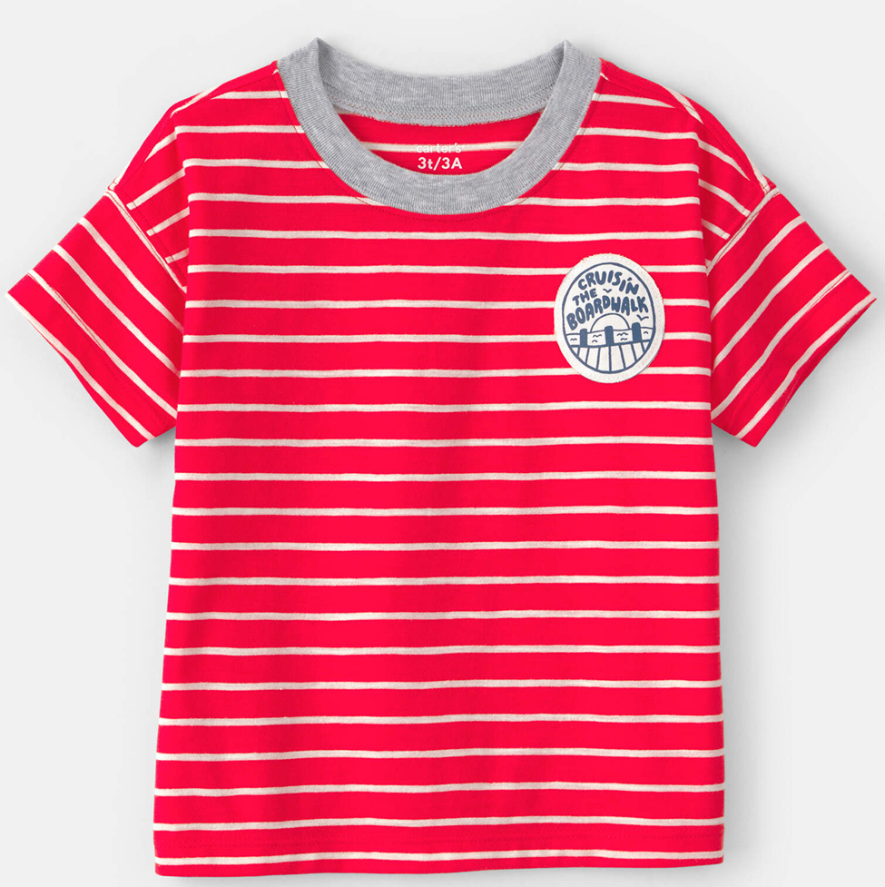 Red and white striped t-shirt with gray neckline on a light gray background