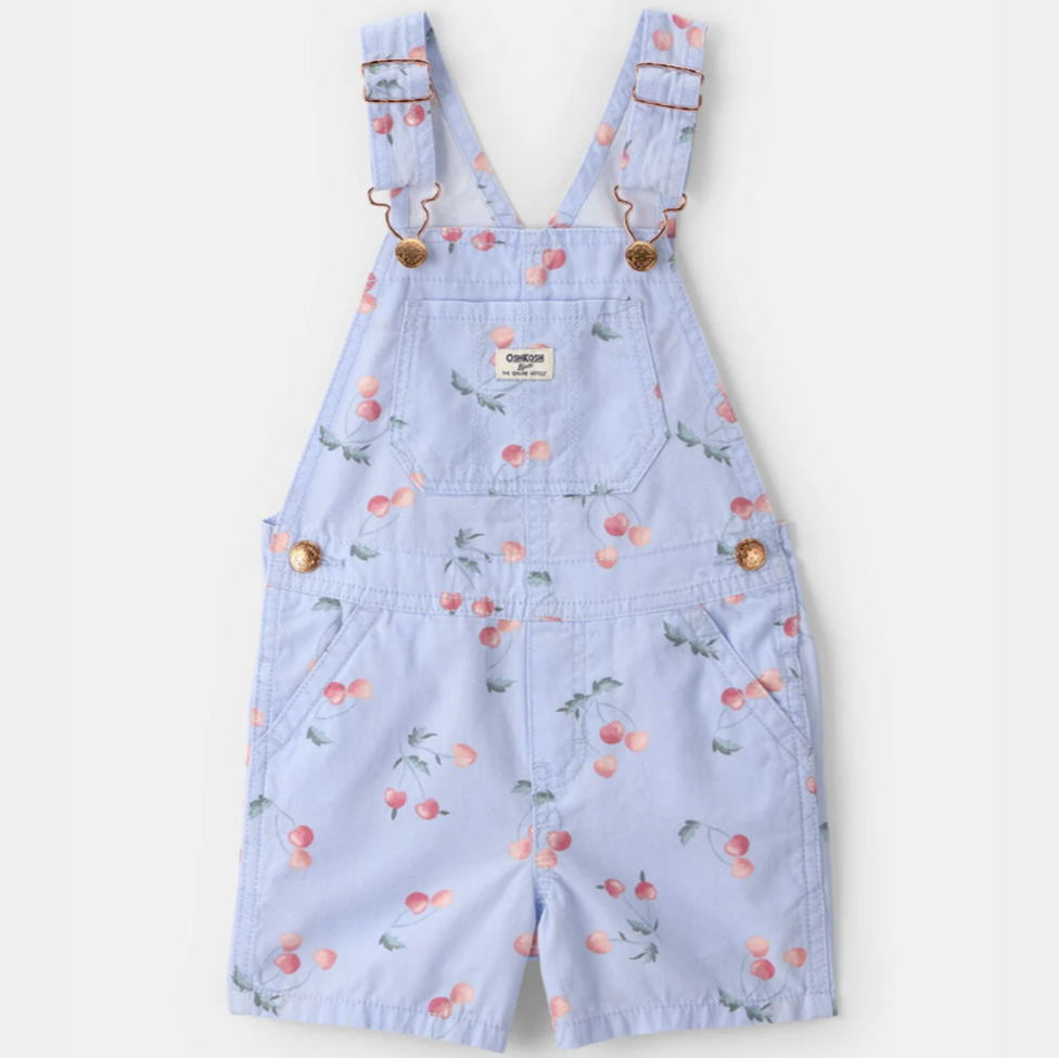 Light blue overalls with cherry pattern on a white background