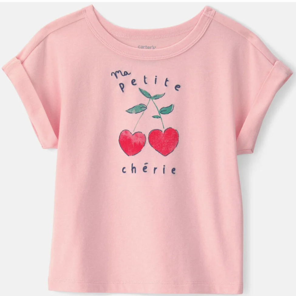 Pink t-shirt with cherry design and text on a white background