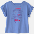 Blue t-shirt with mermaid graphic and text on a white background
