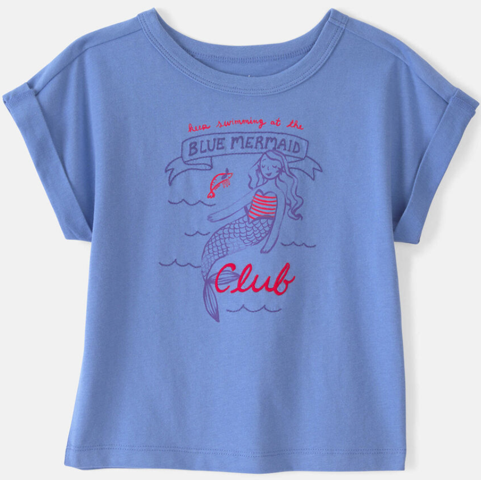 Blue t-shirt with mermaid graphic and text on a white background