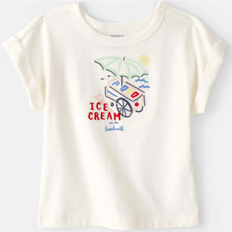 White t-shirt with ice cream cart graphic and text on a white background