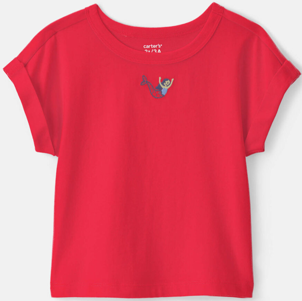 Red t-shirt with a small graphic on a white background