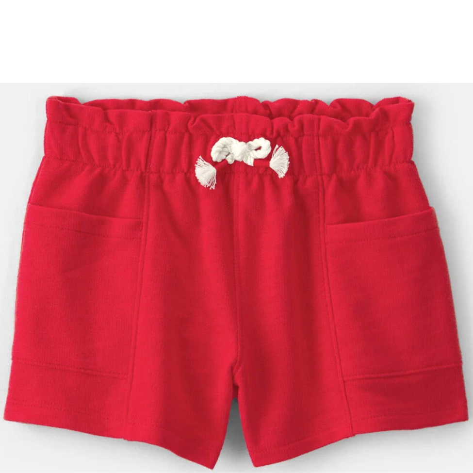 Red shorts with white floral embroidery on a white background